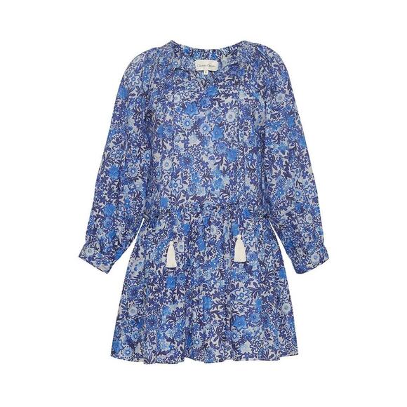 Cara Cara Kavita Blue Floral Print Tassel Shift Mini Dress Size Small - Picture 1 of 12